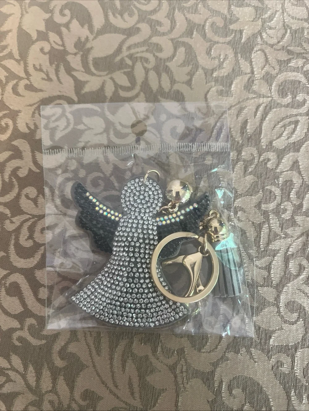 Angel Keychain Purse Charm Silver Black Rhinestones Religious Religion